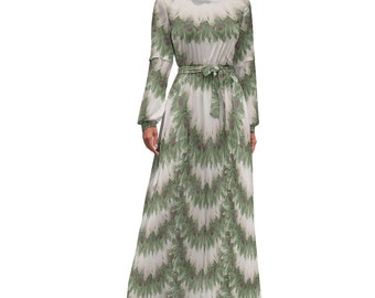White peacock feather dress custom maxi dress boho long dress long sleeves dress discreet dress hand painted design dress