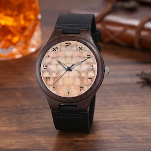 Kotel y letras hebreas Reloj personalizado Reloj de cuarzo de PU negro Relojes de madera [Caja de regalo premium]