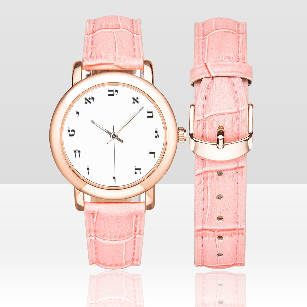 Stainless Steel Hebrew Letters Watch with Pink Elegant Leather Strap, Luxury Jewish Watch, Small Stylish Wristwatch for women.