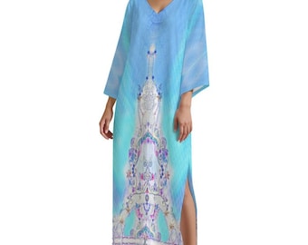 Artistic Print Kaftan Dress – Boho V-Neck Midi with Pockets