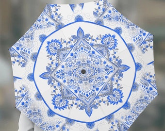 Romantic blue and white Anti UV umbrella art design rain and sun protection .model773. Automatic UV Protection Umbrella