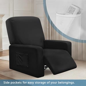 May include: Black recliner chair cover with side pockets. The cover is made of a smooth, solid black fabric. The chair is in a reclined position, with the footrest extended. The cover has a pocket on the side for storage.