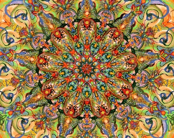 May include: A colorful mandala with intricate patterns and designs in shades of green, orange, blue, and red.