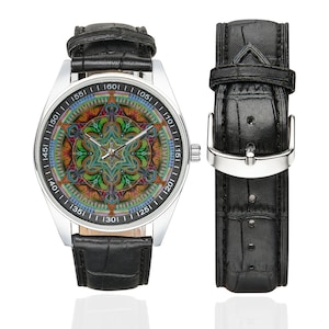 Stainless Steel Maguen David Mandala Watch with Elegant Leather Strap, Luxury Jewish Watch, Stylish Wristwatch for men, women and kids.