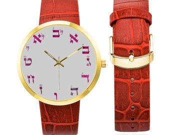 Stainless Steel Hebrew Letters Watch with Elegant Leather Strap, Luxury Jewish Watch, Small Stylish Wristwatch for women.