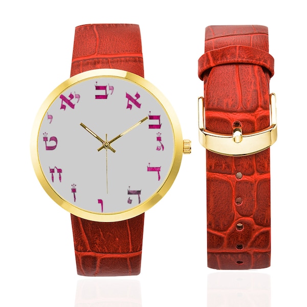 montre plaquee or pour femme, bracelet en cuir rouge - motif artistique original peint a la main-montre pour adulte