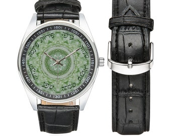Hebrew Blessing Watch: Stainless Steel & Leather Jewish Wristwatch