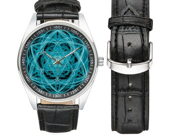 Hebrew Letters Watch: Stainless Steel Energetic Shield, Leather Strap