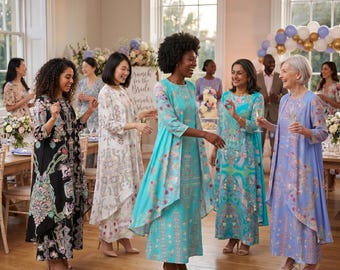 Artistic Print Hemp Maxi Dress and Cardigan Set Two-Piece Women’s Loungewear | Sustainable Bohemian Bridal shower & Elegant Event Outfit