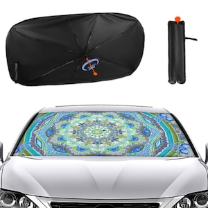 Paraguas de coche personalizado con mandala azul y verde, cubierta ligera y portátil, accesorios de protección para automóviles plegables