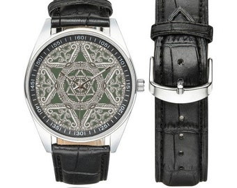 Maguen David Watch: Stainless Steel, Leather Strap, Jewish Star