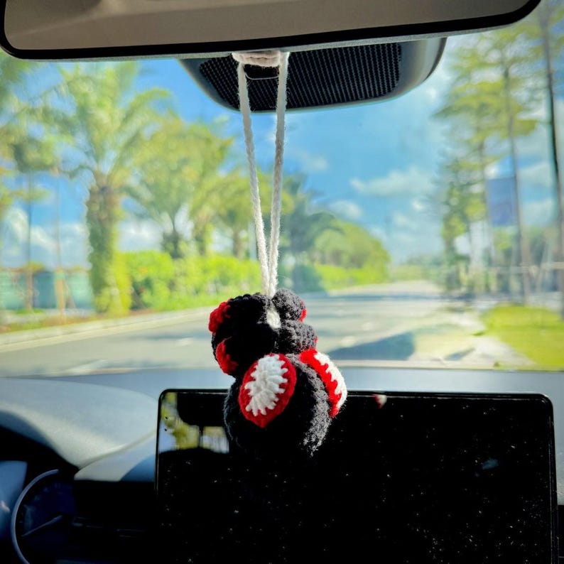 May include: A crocheted hanging ornament featuring a black, red, and white ladybug design. The small, round, textured object is suspended by a white yarn string, showcasing detailed black yarn body segments with red and white wing accents.