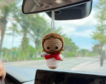 Crocheted Jesus Car Ornament, Amigurumi Rearview Mirror Hanging Figure, Mini Christian Decor