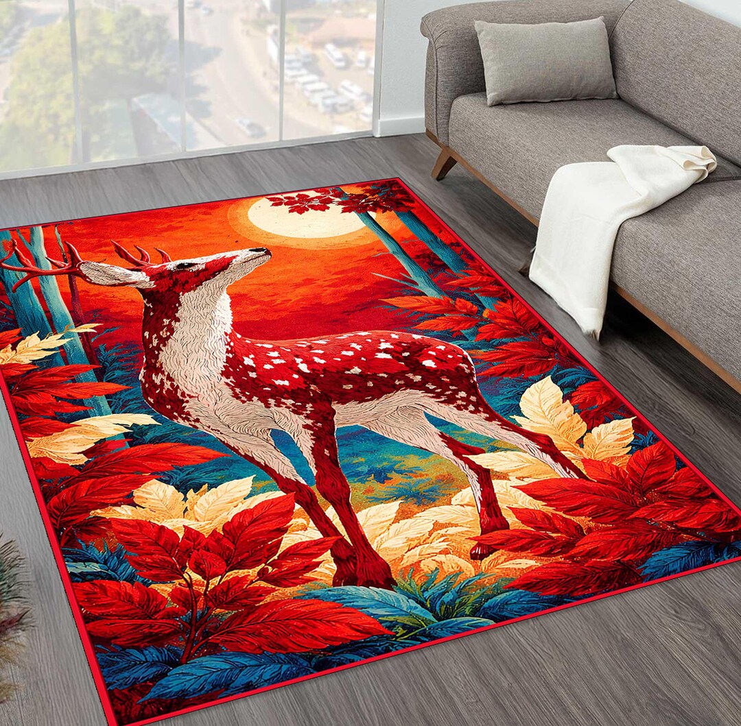 Deer Pattern Rug, Red Forest Rug, Nature Themed Art Rug, Wildlife Decor ...