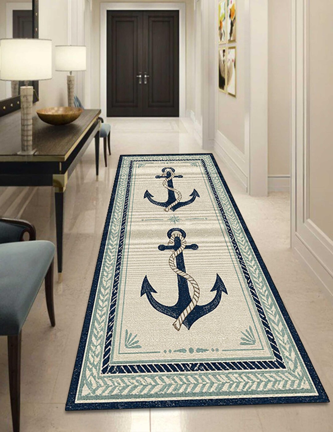 Nautical Anchor Runner Rug, Coastal Kitchen Runner, Beach House Rug ...