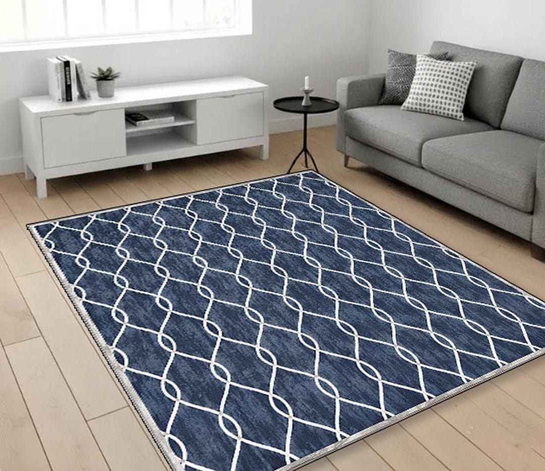Navy Blue Geometric Rug, Modern Farmhouse Area Rug, Scandinavian ...