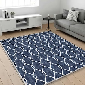 Navy Blue Geometric Rug, Modern Farmhouse Area Rug, Scandinavian Trellis Carpet, Minimalist Living Room Rug, Contemporary Blue White Rug,