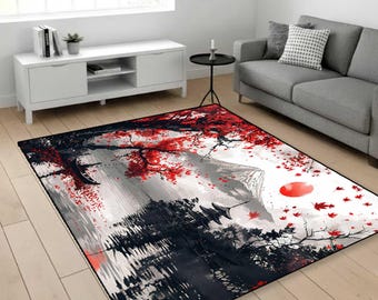 Tappeto in acero rosso, tappeto paesaggistico, tappeto rosso e nero, tappeto decorativo moderno, tappeto minimalista per soggiorno, stampa digitale