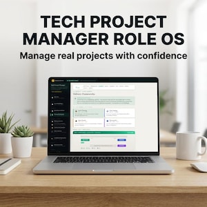 Peut inclure: Un ordinateur portable affichant une interface logicielle avec le texte "TECH PROJECT MANAGER ROLE OS" et "Manage real projects with confidence." Il est posé sur un bureau en bois avec une tasse blanche et des plantes en pot.