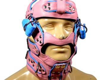 Leather Muzzle Adjustable ,Head Harness  Pink Blue