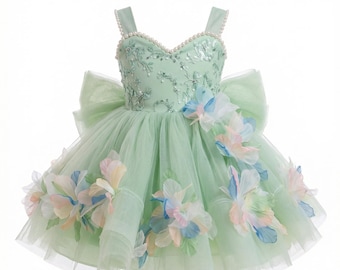 Green Fairy Princess Dress for Girls, Tulle Flower Girl Dress, Kids Party Dress, Birthday Outfit, Fairy Costume, Toddler Princess Dress
