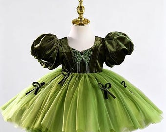 Groene bloemenmeisjesjurk, bosfeeënprinsessenjurk voor meisjes, vintage fluwelen tule jurk, verjaardagsfeestjurk, jurk voor speciale gelegenheden voor peuters