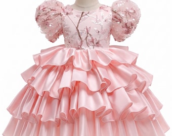 Pink Princess Dress for Girls, Birthday Party Dress, Toddler Ruffle Tulle Dress, Sequin Flower Girl Dress, Puffy Sleeve Baby Girl Dress