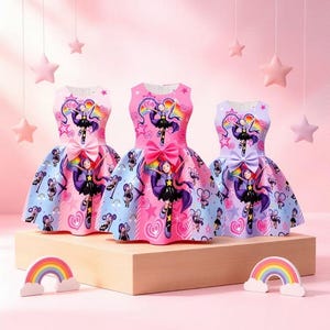 Puede incluir: Tres vestidos sin mangas con un diseño de personaje de dibujos animados. Cada vestido presenta un lazo en la cintura y una falda amplia con un patrón repetido. Los vestidos se exhiben sobre un bloque de madera, con arcos iris decorativos delante y estrellas rosas.