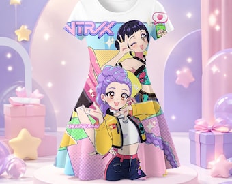 Abito da bambina ispirato al K-Pop, abito da festa da principessa cacciatrice di demoni con stampa 3D, abito da compleanno per bambine in morbida seta di latte a maniche corte