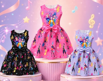 Girls' A-line Dress with Bow and Cartoon Print - Sleeveless Party Dress for Kids (3-8 Years)