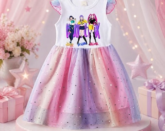 Girls' Cartoon Dress, Summer Toddler Dress with Stars & Bows, Cotton A-Line Kids Dress, 3-8 Years, Cute Cartoon Dresses for Girls