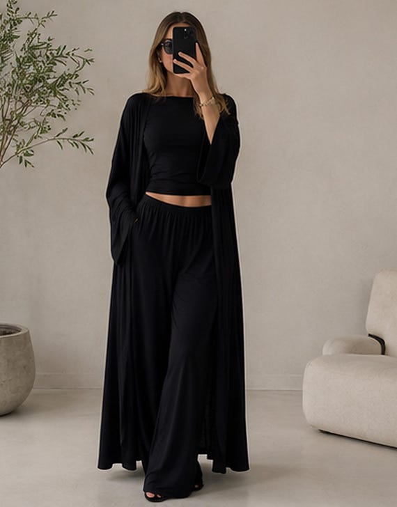 3 Piece Knit Lounge Set | Duster, Crop Top, Wide Leg Pants Outfit