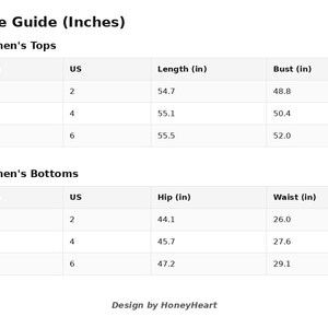 K&ouml;nnte beinhalten: Eine schwarz-wei&szlig;e Gr&ouml;&szlig;entabelle mit dem Titel Size Guide (Inches) mit zwei Tabellen f&uuml;r Oberteile und Unterteile. Die Oberteiltabelle listet die Gr&ouml;&szlig;en S, M, L mit US-Gr&ouml;&szlig;en 2, 4, 6, L&auml;ngen 54.7 bis 55.5 und Brustumfang 48.8 bis 52.0 auf.