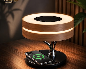 Wood Grain LED Lamp, Wireless Charger, Bluetooth Speaker, Dimmable Bedside Light