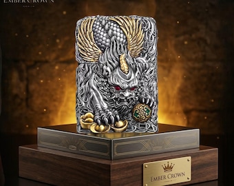 Mythisches Drachen Fortune Zippo Feuerzeug, gravierte Sammlerkunst, einzigartiges Geschenk für ihn, Geburtstagsgeschenk, Herrenzubehör Vatertagsgeschenkbox