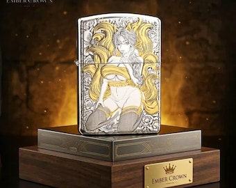 Seductive anime lighter collectible, gold engraved art gift for him, premium mens accessory Zippo windproof lighter, birthday gift idea