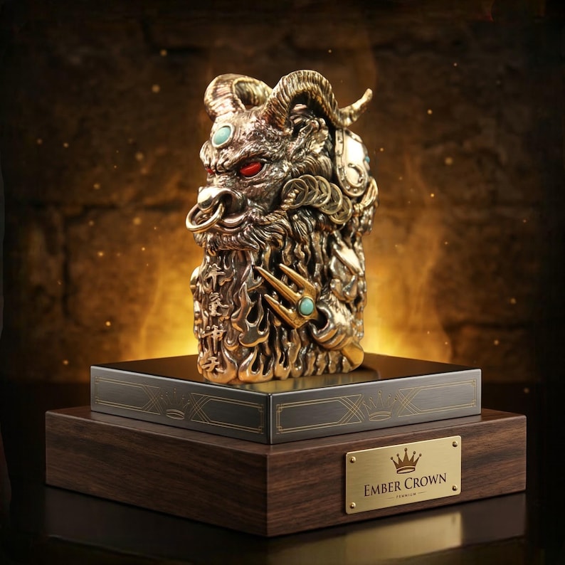K&ouml;nnte beinhalten: Eine detaillierte goldfarbene Skulptur einer geh&ouml;rnten Kreatur mit roten Augen und einem Dreizack. Die Skulptur ist auf einem dunklen Holzsockel mit einer goldenen Plakette mit der Aufschrift "Ember Crown" montiert. Die Skulptur hat t&uuml;rkisfarbene Akzente.