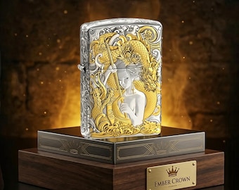 Samurai Dragon warrior Feuerzeug Geschenk für Ihn, Gold Weiß Zippo Sammler Vatertagsgeschenk Herren Accessoires, Premium Winddicht Statement Ausrüstung
