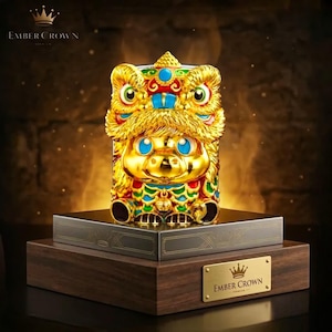 May include: A gold-colored, ornate lion-dog figurine with blue, red, and green accents. The figurine sits on a black and brown wooden display box. The text "EMBER CROWN" is visible.