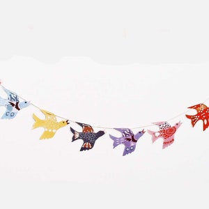 Handmade 'SINGING BIRDS 'Garland 8 Different coloured collaged Birds image 1