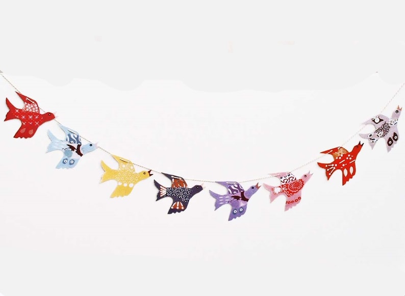 Handmade 'SINGING BIRDS 'Garland 8 Different coloured collaged Birds image 1