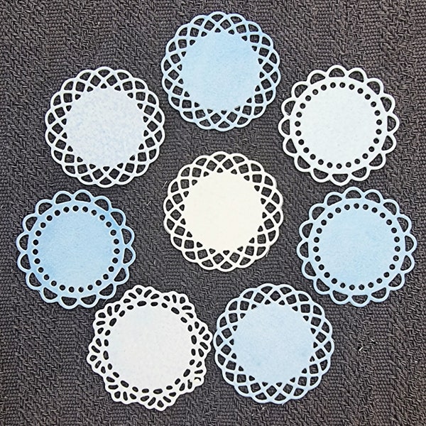 Eight Blue Painted Pearlised Doilies, Round 5cm Diecuts all different, 300gsm paper.