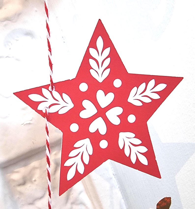 May include: A red star-shaped ornament featuring a white printed pattern of central heart shapes, surrounding dots, and leafy sprigs extending toward each point. The ornament is suspended by a piece of red and white twisted twine string.