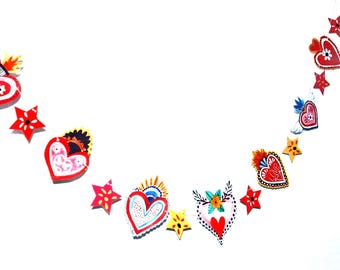 Handmade  'LOVE HEARTS' Garland Bunting -Mexican Hearts and Stars