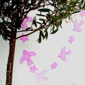 Handmade  &quot;STENCILLED PINK BIRDS&quot;  3M Garland, Printed both sides, ready strung - Six 3&quot; Stars 5 - Five 6 1/2&quot; birds