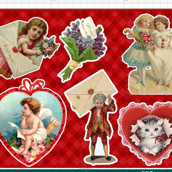 33 Victorian Valentine Scraps Stickers, junk journals,planning, scrapbooking