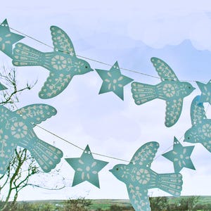 Handmade  Garland &quot;STENCILLED BLUE BIRDS&quot;  3M printed both sides, ready strung -  Six stars 3&quot; - Five Birds 6 1/2&quot;