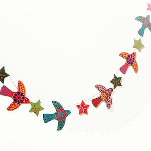 Handmade  &quot;STENCILLED BRIGHT BIRDS&quot;  5M Garland, Printed both sides, ready strung - Five 6 1/2&quot; birds Six stars 3&quot;