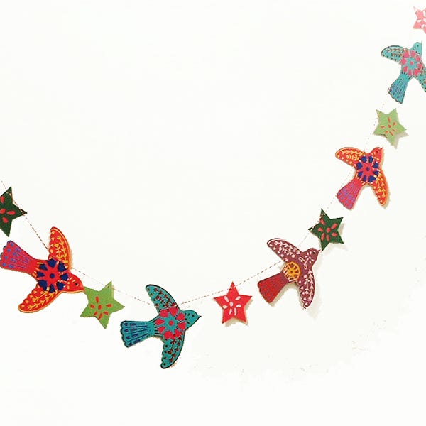 Handmade Stencilled Paper Bird Garland -  Bright Colours Nordic Folk Art With Stars