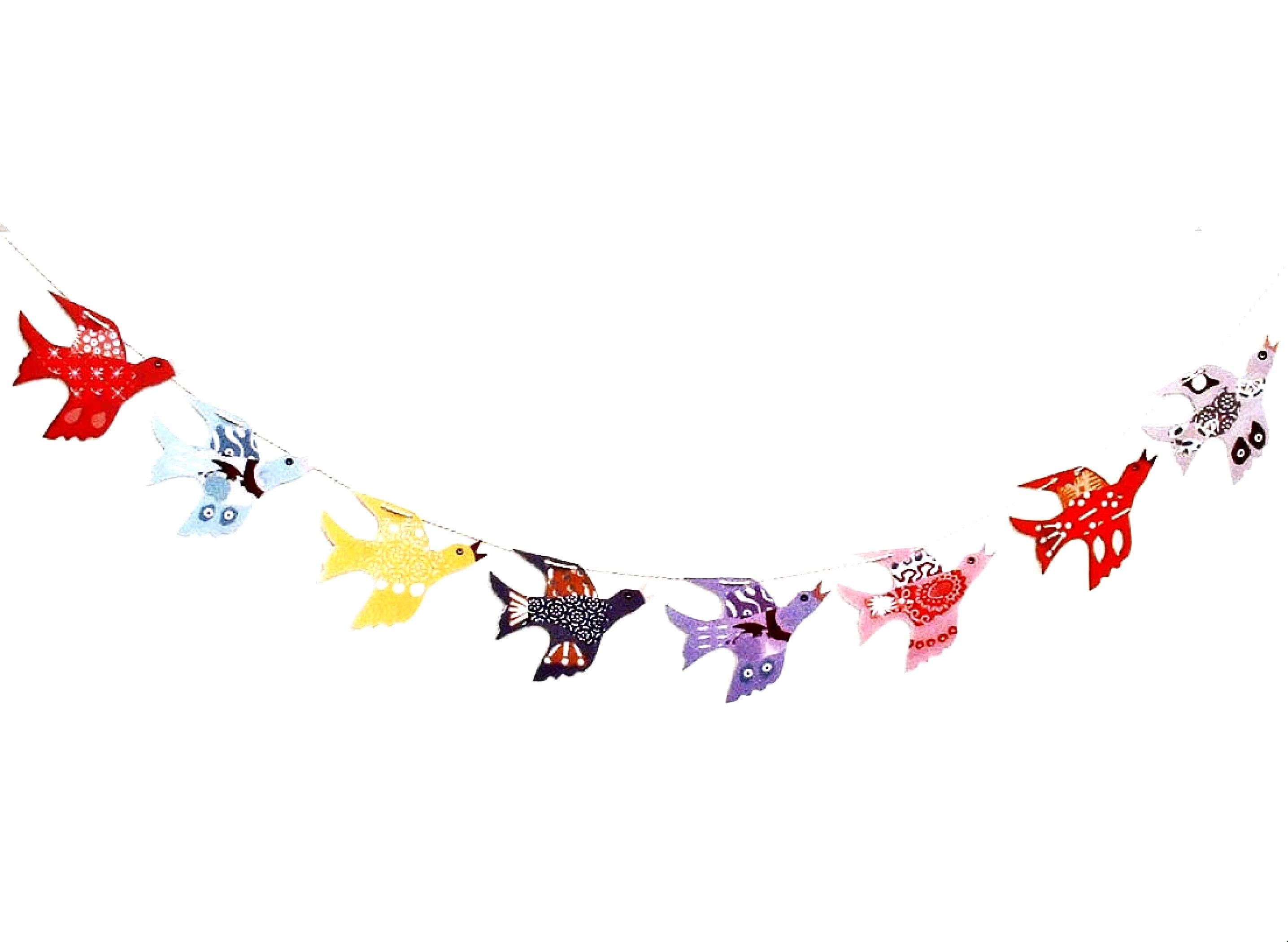 Handmade  'SINGING BIRDS 'Garland 8 Different coloured collaged Birds